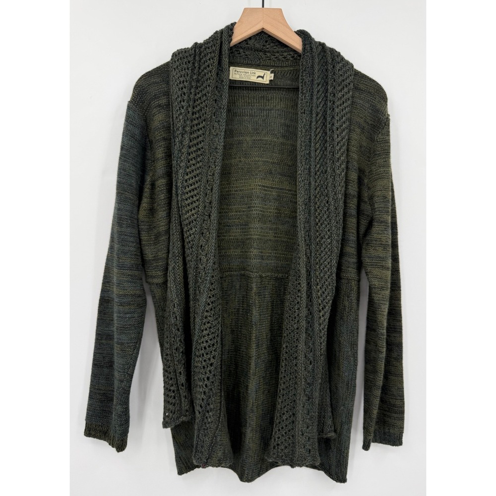 Peruvian Link Sweater Womens Small‎ Green Cardigan 100% Alpaca Open Front Knit